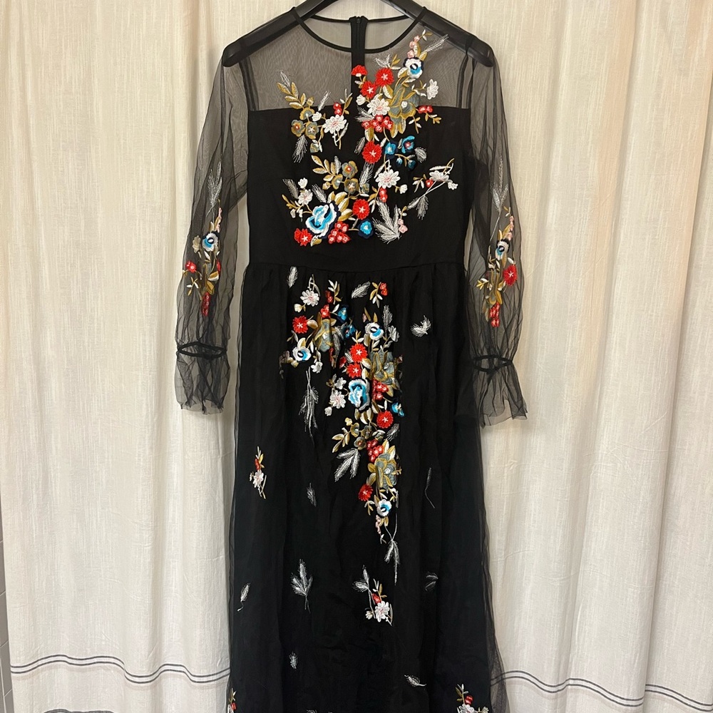 Black Mesh Floral Embroidered Dress